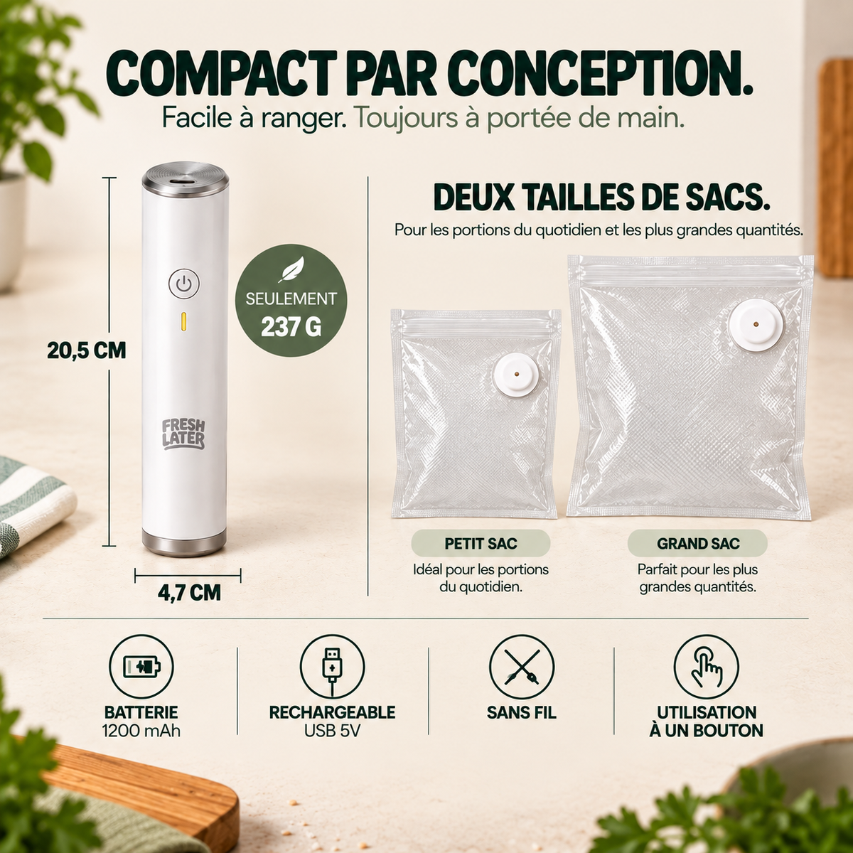 Dimensions de l’appareil Fresh Later et présentation des deux tailles de sacs