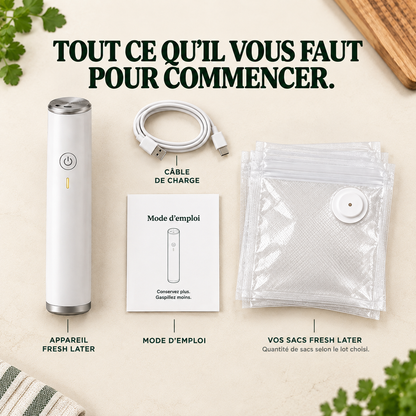 Contenu du kit Fresh Later : appareil, câble de recharge, manuel et sacs