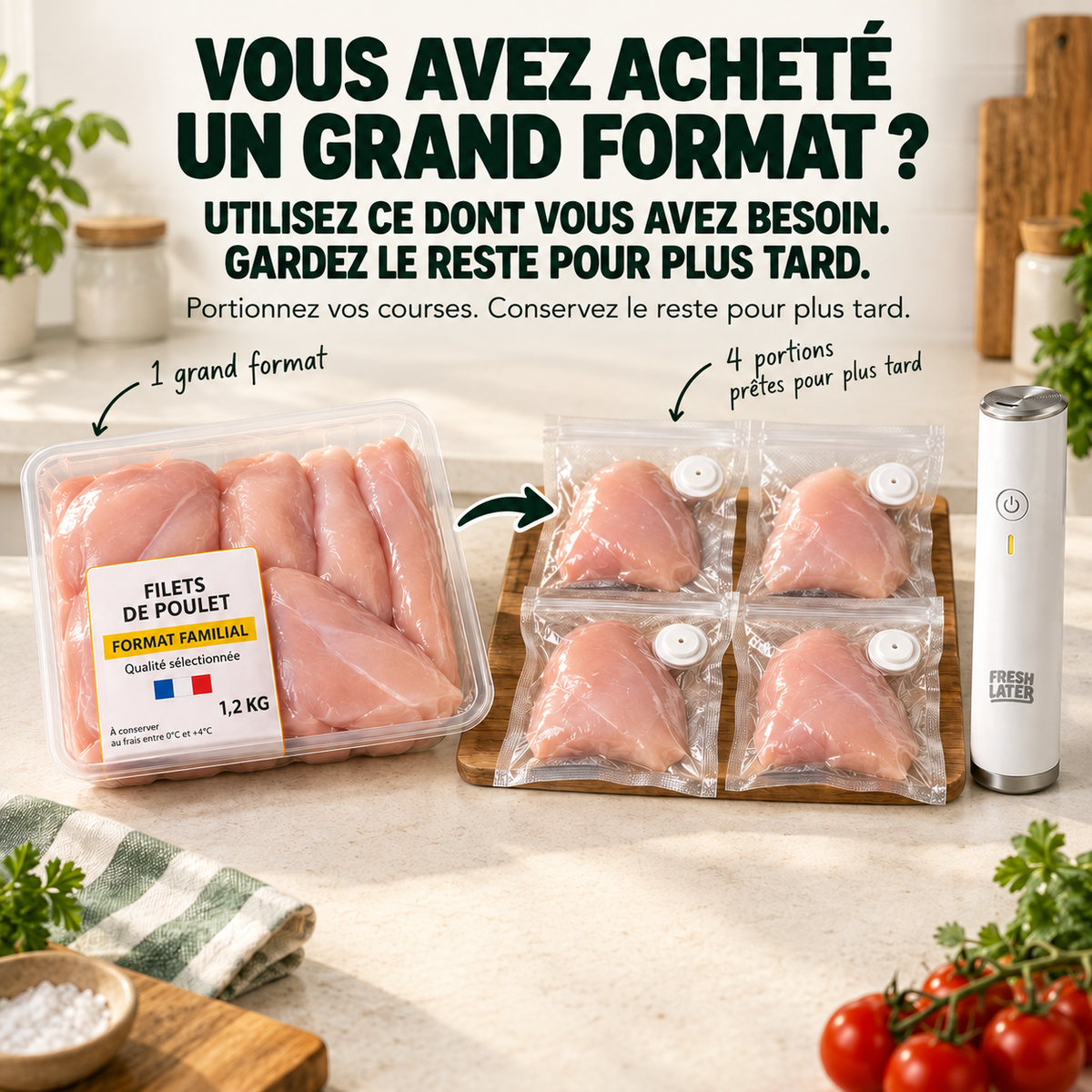 Grand format de poulet réparti en quatre portions sous vide