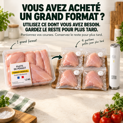 Grand format de poulet réparti en quatre portions sous vide