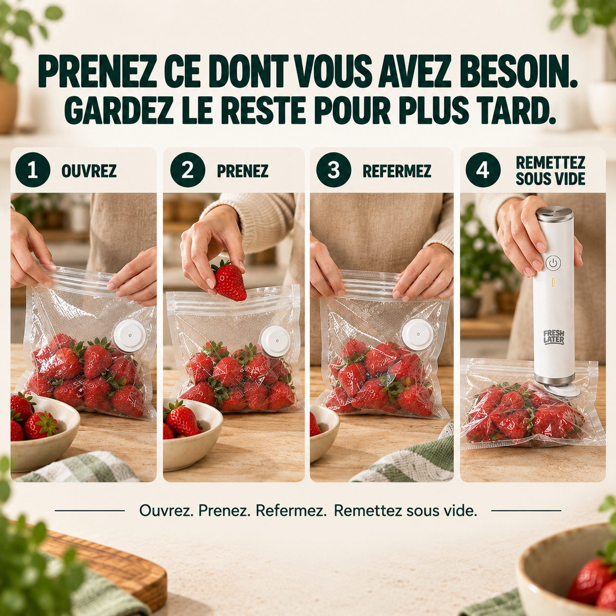 Ouvrir un sac, prendre une portion, refermer et remettre sous vide