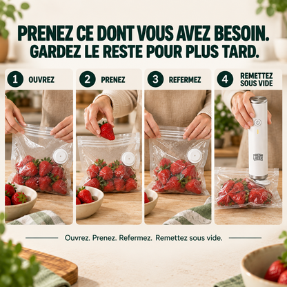 Ouvrir un sac, prendre une portion, refermer et remettre sous vide