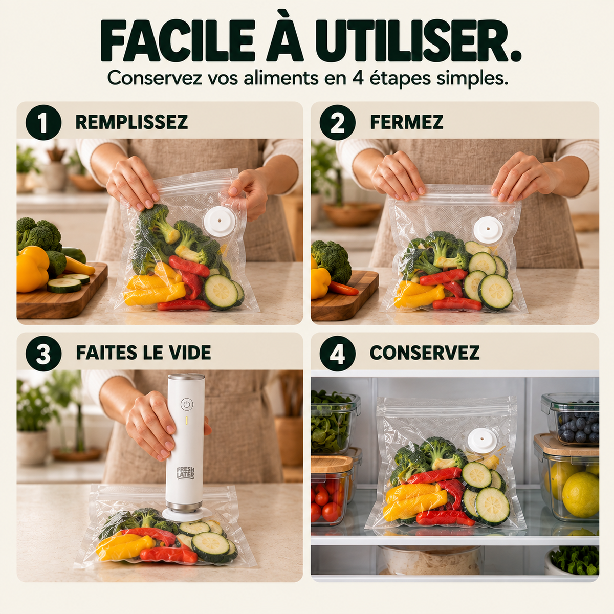 Utilisation de Fresh Later en quatre étapes : remplir, fermer, aspirer et conserver