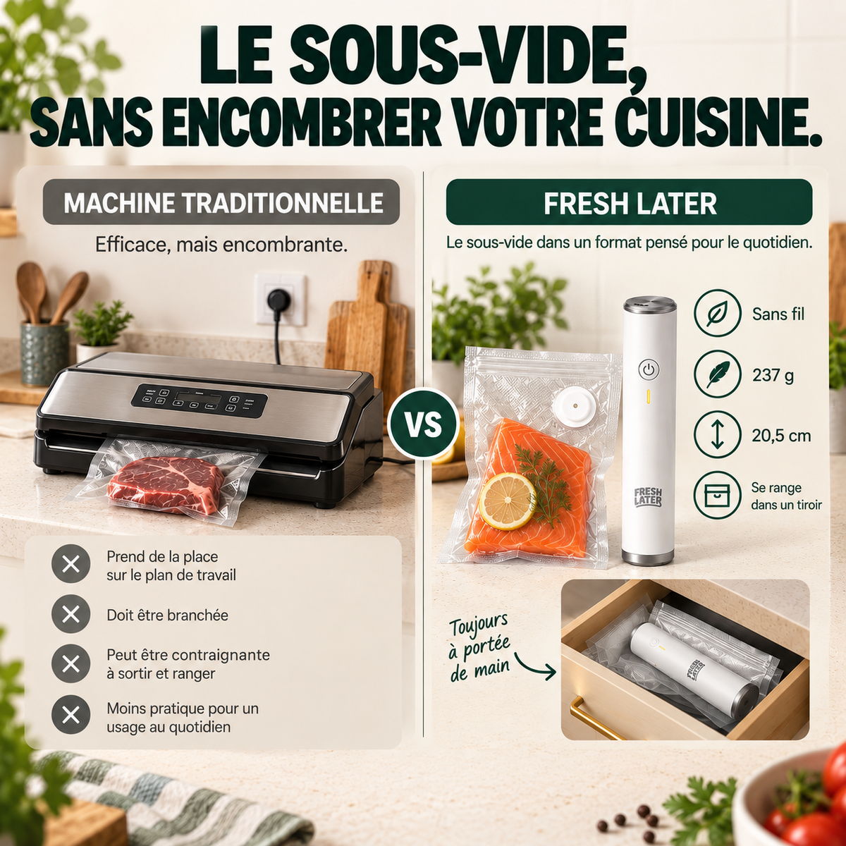 Comparaison de l’encombrement entre une machine de table et Fresh Later